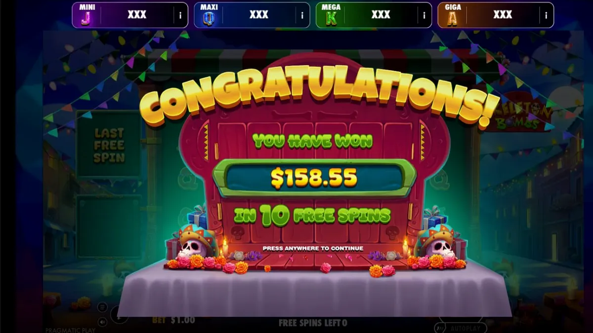 Cena vibrante do slot Skeleton Bombs com caveiras coloridas e elementos festivos mexicanos