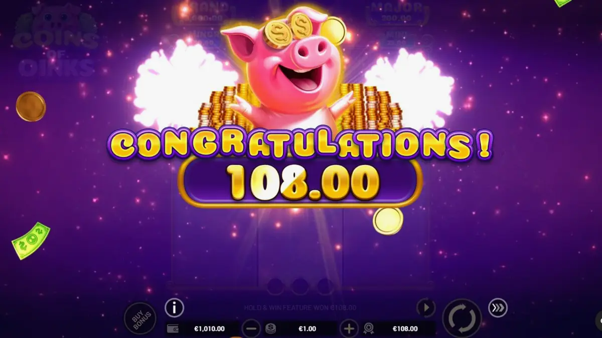 Tela do jogo Coins of Oinks com porquinhos luxuosos e símbolos dourados