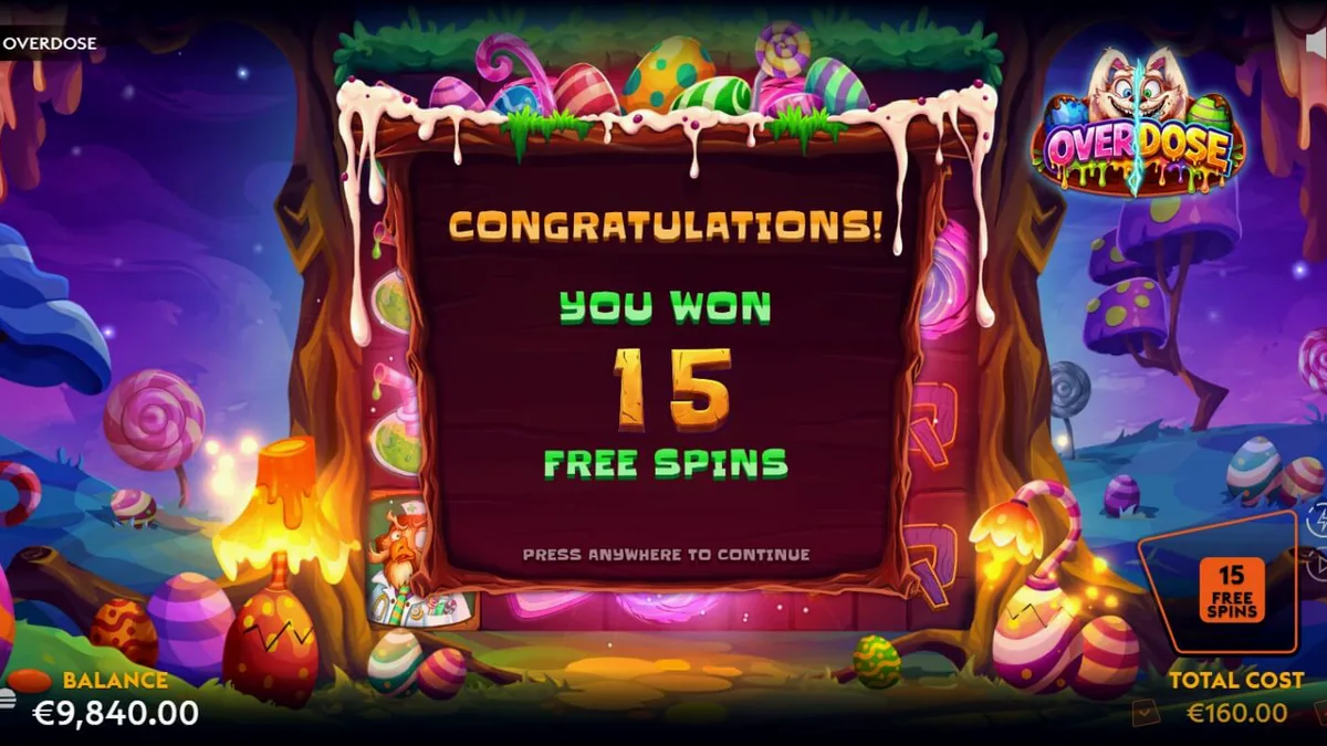Interface do jogo de slot Overdose com elementos visuais temáticos de Páscoa e fantasia sombria.
