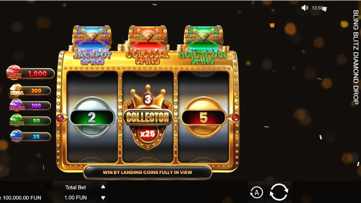 Interface luxuosa do slot Bling Blitz Diamond Drop com diamantes brilhantes